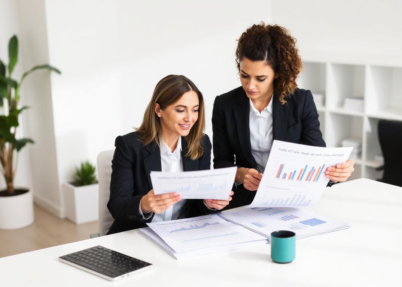 Two colleagues reviewing printed data charts and reports